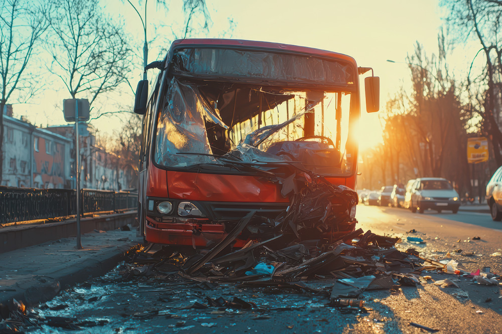 Damaged bus after accident on city street